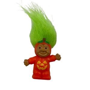 RUSS Vintage MIni 2 Inch Halloween Jack-O-Lantern Troll Doll Pumpkin Green Hair